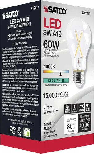 Miniatura 5 de Satco Bombillas LED A19 regulables, 8 vatios, 800 lúmenes, blanco frío 4000K, CRI 90+, acabado transparente, base media E26, 120 voltios, regulable