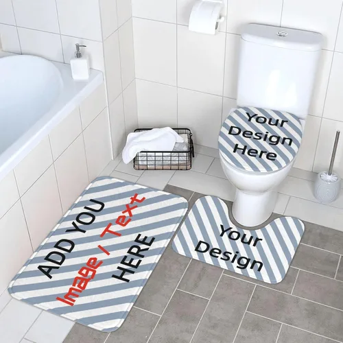 Miniatura 5 de Juego de alfombras de baño personalizadas de 3 piezas personalizadas, con imagen, texto, logotipo, contorno de inodoro, cubierta de tapa, tapete