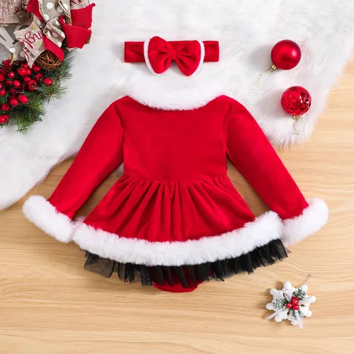 Miniatura 7 de WASAIGOOD Mameluco de Navidad para bebé niña, vestido de manga larga con ribete de piel, traje de terciopelo para Navidad, enterizo de invierno