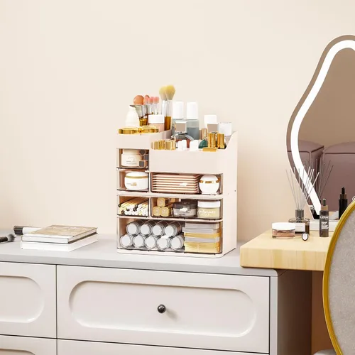 Miniatura 4 de SuoXing Organizador de maquillaje para tocador, organizador de maquillaje grande con 6 cajones para mostrador, organizador de almacenamiento de Rosa