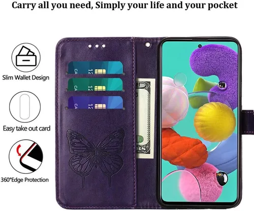 Miniatura 8 de Funda para Samsung Galaxy A51 con estampado floral en relieve, correa de muñeca, ranuras para tarjetero, funda protectora de cuero con soporte