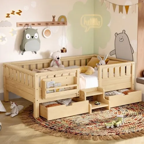 Miniatura 11 de Bellemave Cama Montessori de tamaño Queen con 2 cajones y estantería, camas de suelo para niños con barandillas de seguridad y escaleras, marco