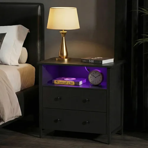 Miniatura 8 de Mesita de noche de 27 pulgadas de ancho, juego de 2 mesitas de noche de madera grande con 2 cajones, mesita de noche LED con estación de carga