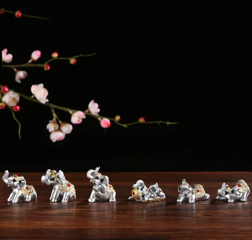 Miniatura 5 de Brass Statu BRABUD BS122 - Juego de 6 estatuas de elefantes pequeños de resina plateada para decoración del hogar, colección de regalo (plateado)