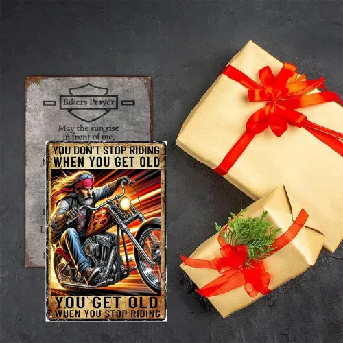 Miniatura 5 de Letrero de metal para motocicleta, regalos para jinetes, hombres, «You Don't Stop Riding When Get Old Wall Art Decor Rider Tin Garage Signs Man Cave