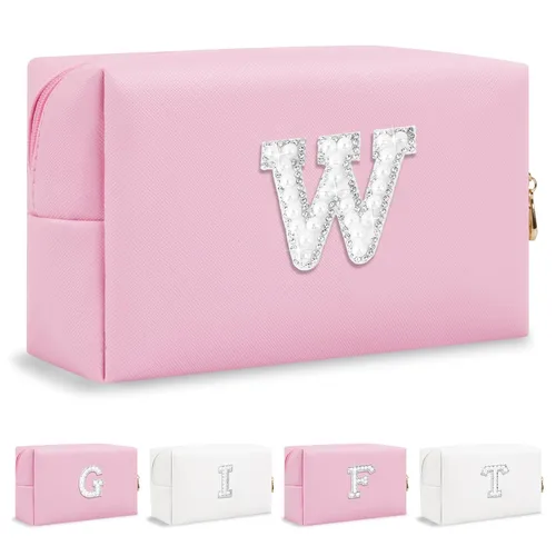 Miniatura 243 de Pequeña bolsa de maquillaje personalizada con inicial A-Z Preppy Patch, bolsa de cosméticos de viaje de felpilla blanca con cremallera, bonita bolsa