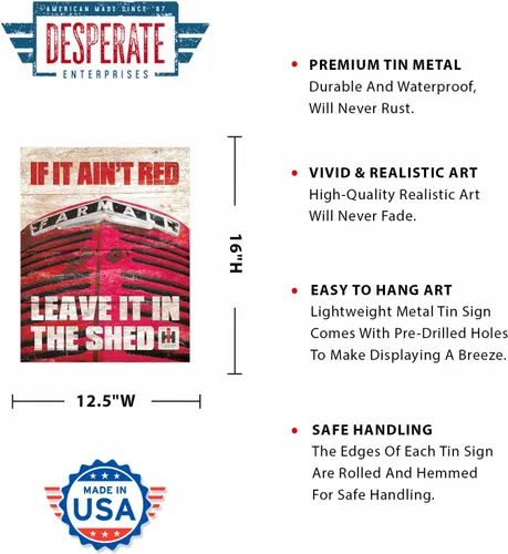 Miniatura 2 de Desperate Enterprises Farmall - Letrero de hojalata con texto en inglés "If it Ain't Red Leave It In The Shed", decoración nostálgica de metal
