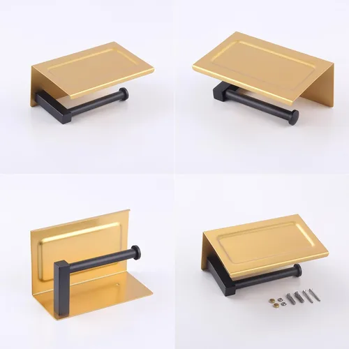 Miniatura 7 de GERZWY Soporte de papel higiénico de baño con estante Soporte de rollo de papel de papel de acero inoxidable Soporte de pared (negro y dorado)