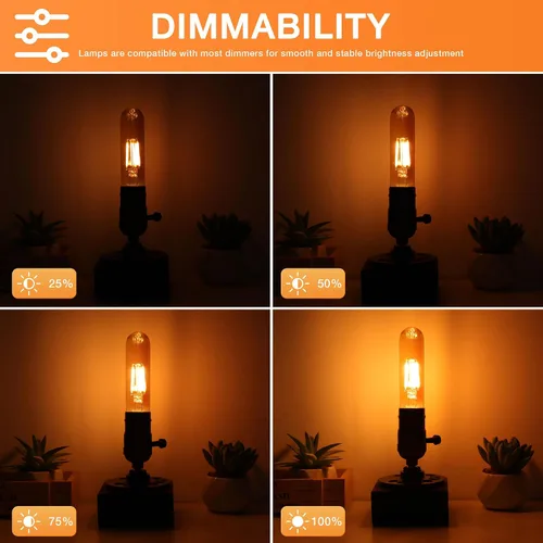Miniatura 4 de ToBeGreat Bombilla LED T10 equivalente a 4 W, equivalente a 40 W, 2200 K ámbar blanco cálido, bombilla de filamento Edison tubular E26, luz de tubo