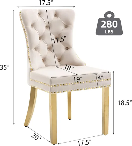 Miniatura 3 de Juego de 2 sillas de comedor, sillas de terciopelo acolchadas con patas doradas de acero inoxidable, anillo de tracción de metal con remaches