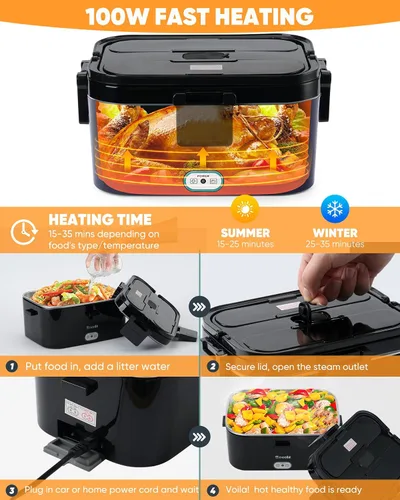 Miniatura 3 de Eocolz Fiambrera eléctrica calentador de alimentos de 100 W, calentador de alimentos con doble contenedor, 1.8 L, lonchera portátil con calefacción