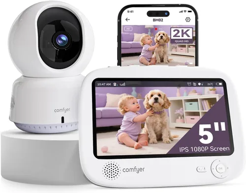 Comfyer Monitor híbrido de video sin WiFi y WiFi inteligente para bebés, pantalla dividida de 5 pulgadas 1080P y control de aplicación de cámara 2K,
