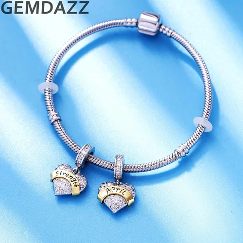 Miniatura 3 de GEMDAZZ Dijes de piedra natal de cumpleaños de enero a diciembre para pulsera de dije, 2 tonos de plata de ley 925 con cuentas de corazón