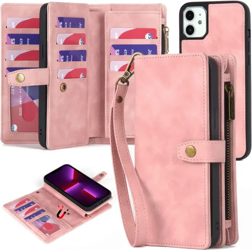 Miniatura 14 de TwoHead Funda tipo cartera para iPhone 11 con tarjetero y funda magnética desmontable para teléfono, funda de piel sintética para mujeres/hombres