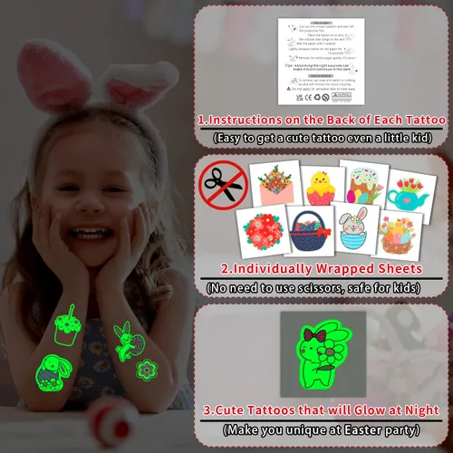 Miniatura 2 de Partywind 204 estilos de tatuajes temporales de Pascua brillantes para rellenar cestas de Pascua, hojas envueltas individualmente, calcomanías