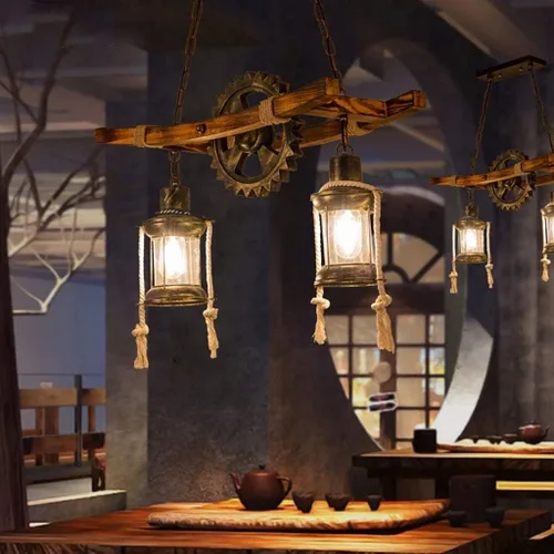 Miniatura 3 de Iluminación Colgante Retro de Madera Lámpara de Araña Industrial Vintage de Metal Negro Dormitorio Restaurante Lámpara de Suspensión Marco de Jaula