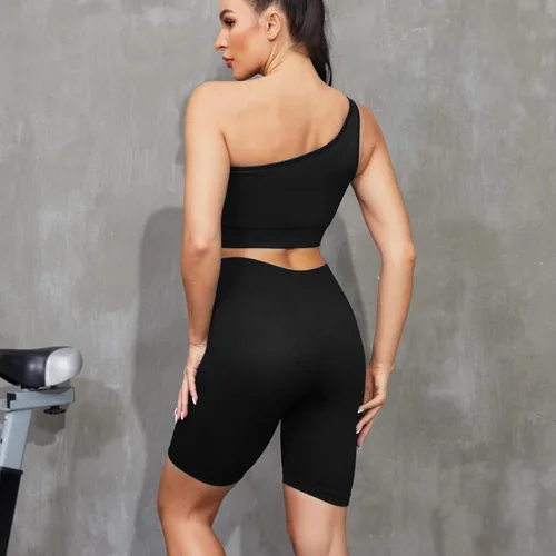 Miniatura 3 de Plubedo Conjuntos de entrenamiento para mujer, 2 piezas, acanalados, sin costuras, con un hombro, de cintura alta, para yoga, conjunto deportivo