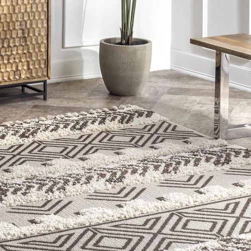 Miniatura 4 de nuLOOM Zuri - Alfombra tribal lanuda con bandas, 4 x 6, marrón