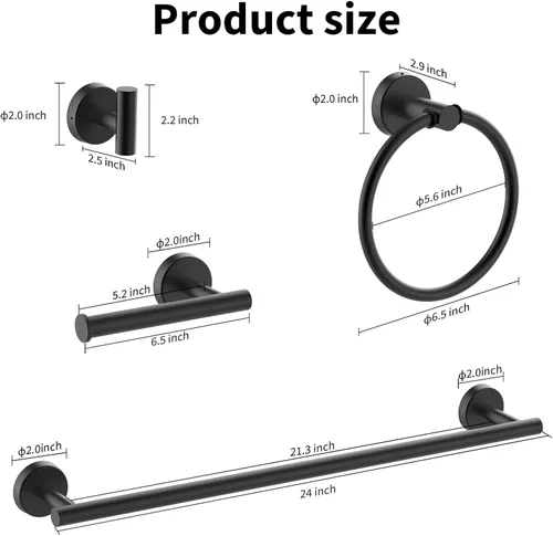 Miniatura 4 de Cilee Juego de 8 piezas de accesorios de baño negro mate, barra de toalla de baño de 24 pulgadas, anillo de toalla, soporte para papel higiénico +
