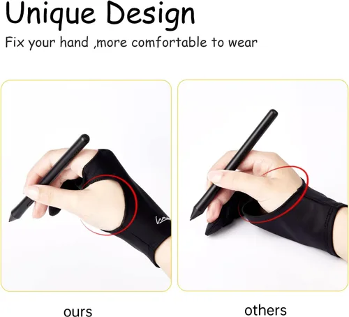 Miniatura 2 de Paquete de 2 guantes de dibujo digital, guantes de artista para tableta de dibujo, iPad, bocetos, guantes de arte con dos dedos para mano derecha e