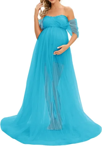 ZIUMUDY Vestido largo de sesión de fotos de tul con hombros descubiertos para maternidad, manga caída, vestido de tul transparente