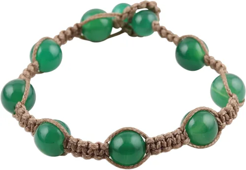Miniatura 2 de NOVICA Pulsera artesanal de cuentas de ónix anudado a mano, macramé verde de la India con piedra natal de algodón 7.5 pulgadas de largo x 8 pulgadas