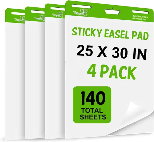 Almohadilla de caballete adhesivo de 25 x 30 pulgadas, 35 hojas/bloc, 4 blocs por paquete, 140 hojas, papel de caballete adhesivo blanco grande para