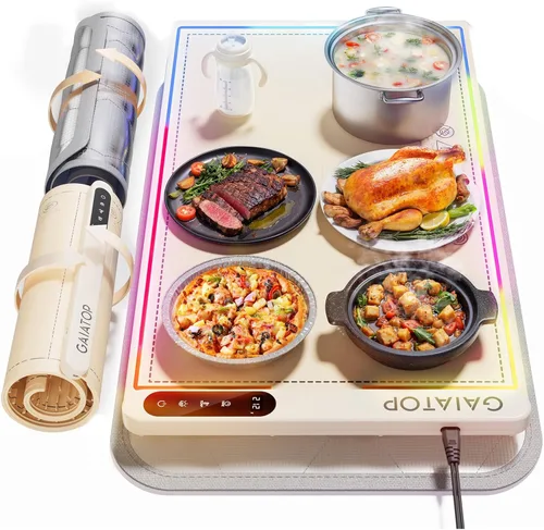 Gaiatop Tapete de calentamiento para alimentos con salvamanteles y luz, alfombrillas de calentamiento de alimentos para encimera, 6 niveles de Crema