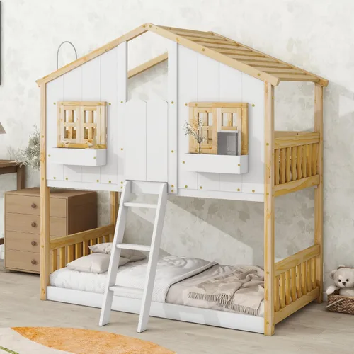 Miniatura 35 de JIVOIT Litera de madera con diseño de techo y ventanas, litera individual sobre individual con nido y escalera integrada para niños, adolescentes