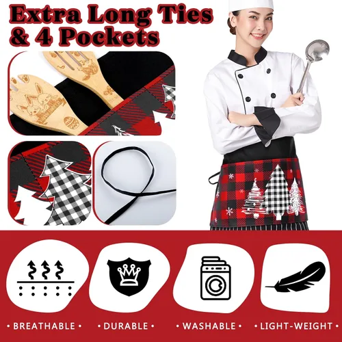 Miniatura 4 de Bencailor 4 Pcs Christmas Server Waitress Aprons with 4 Pockets Buffalo Plaid Half Waist Apron for Xmas Restaurant Party