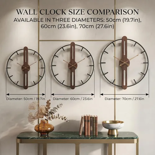 Miniatura 4 de Reloj de pared moderno con esfera de nogal, reloj de pared grande de madera con marco de metal, silencioso, sin tictac, para sala de estar