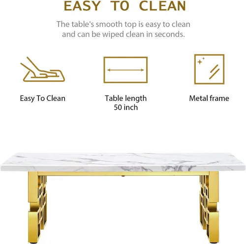 Miniatura 9 de AUZ Mesa auxiliar, mesa rectangular de 50 pulgadas, color blanco y dorado, mesa de té para sala de estar, sala de invitados, sala de recepción Base
