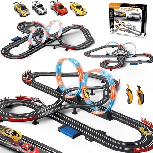 Slot Car Race Track a escala 1:43 para niños, pistas LED eléctricas, doble carreras, 4 autos con faros, juguete grande, juego de pistas de regalo