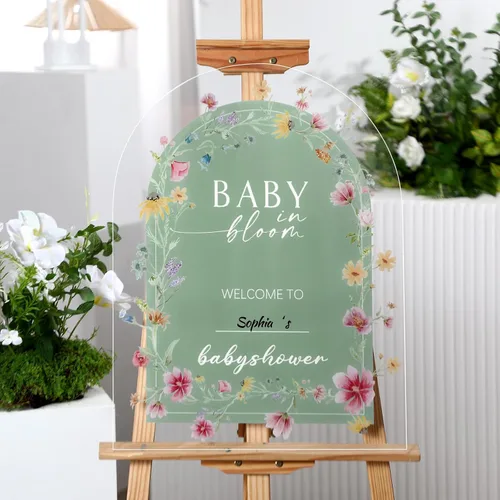 Yousoontic Letrero de bienvenida de acrílico para baby shower, de 24 x 18 pulgadas, letrero de bienvenida de flores silvestres con flores silvestres