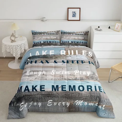Miniatura 49 de Juego de ropa de cama King para casa del lago, juego de edredón de paleta de madera retro para regalos para amantes del lago, inserto de edredón