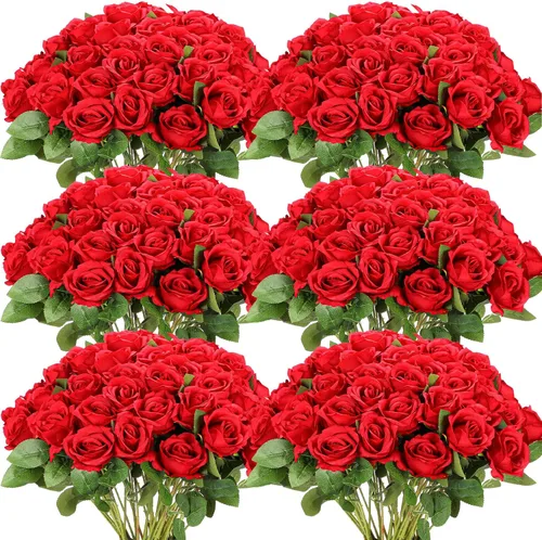 Miniatura 8 de Jexine 50 piezas de flores de rosa artificiales a granel realistas de seda falsa con tallo largo, ramo de flores artificiales de plástico de aspecto