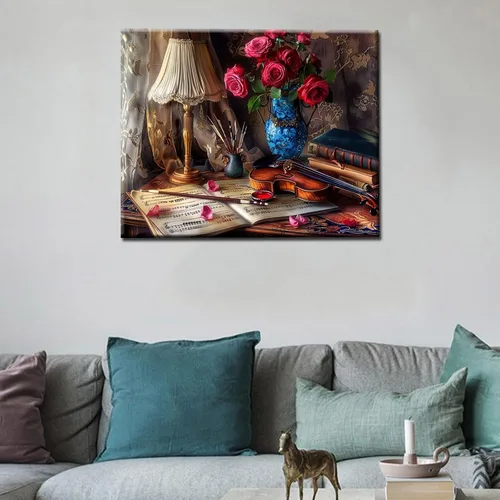 Miniatura 4 de Kits de pintura por números, estilo europeo retro, kits de pintura al óleo sobre lienzo con pinceles de pintura y pigmento acrílico, libro de violín