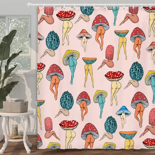 Miniatura 2 de Divertida cortina de ducha con trasero de hongo, linda y sexy de los años 70 y 80, cortinas de ducha de tela para baño, hippie, psicodélica, Rosa-2