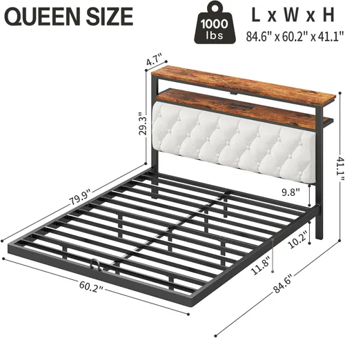 Miniatura 2 de ChicZhiNest Base de cama flotante Queen con cabecero, marcos de cama flotantes LED con estación de carga y respaldo tapizado, estante