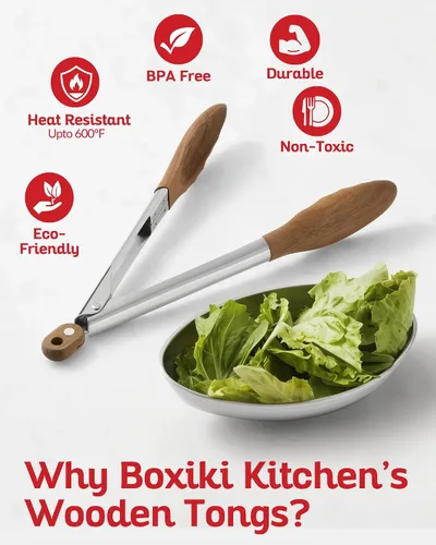 Miniatura 5 de Boxiki Kitchen Pinzas de madera para cocinar, pinzas antiadherentes para ensalada de cocina para servir alimentos, asar a la parrilla, cocinar