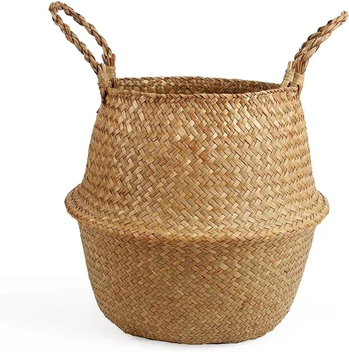 Cesta tejida de hierba marina para almacenamiento de macetas y lavandería, picnic y cesta de comestibles (M, original)