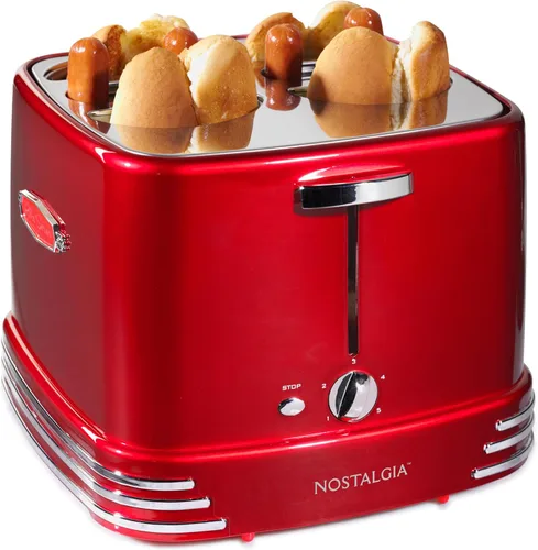 Nostalgia Tostadora de 4 ranuras para perritos calientes y panecillos con pinzas mini, tostadora de hot dogs funciona con pollo, pavo, salchichas