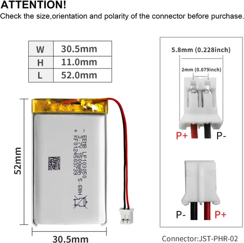 Miniatura 3 de EEMB Batería de polímero de litio 3.7V 1500mAh 103050 Lipo Batería recargable con conector JST de cable para altavoz y dispositivo inalámbrico