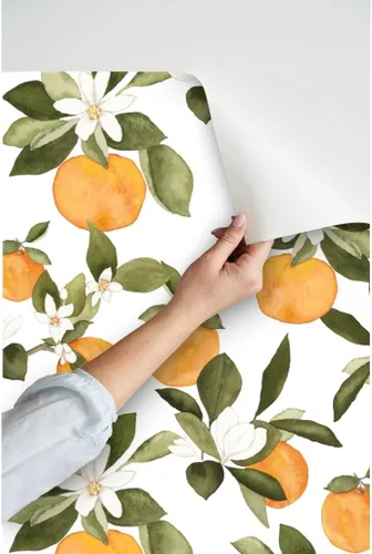 Miniatura 3 de Papel tapiz autoadhesivo para despegar y pegar, flores de naranjas, flores de primavera, frutas cítricas, verano, botánico, floral, papel tapiz