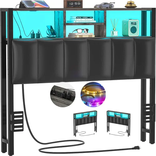 Miniatura 17 de Cabecero Aheaplus para Cama Individual con Almacenamiento, Cabeceros con Enchufes, Puertos USB y Luz LED, Cabecero Individual Solo, Altura