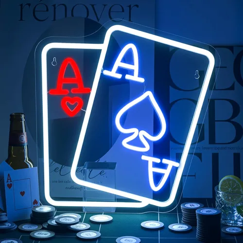 Miniatura 9 de Letreros de Neón de Cartas de Juego para Decoración de Pared Póquer Adolescentes Luz LED Neón Azul Blanco Letrero de Luz USB para Dormitorio Casino