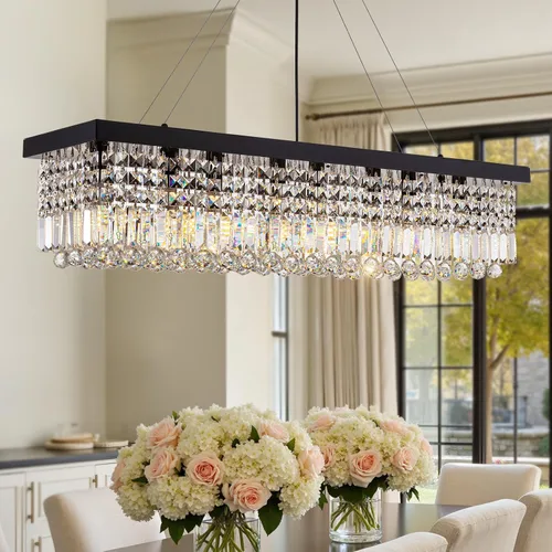 Miniatura 17 de Candelabros Modernos de Cristal para Lámpara de Comedor, Candelabro de Techo Rectangular Dorado de 6 Luces para Isla de Cocina y Sala de Estar