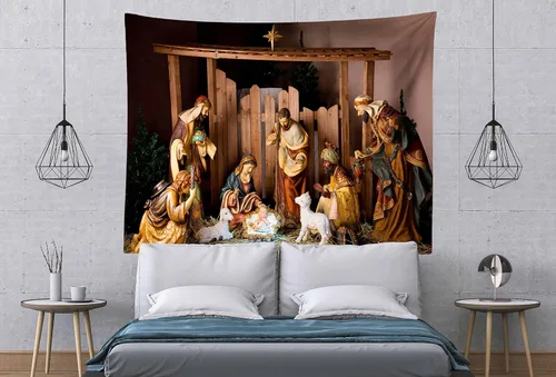 Miniatura 3 de Loccor Tapiz de escena del Nacimiento de Navidad, escena del pesebre, figuras de Jesús, Virgen María, tapiz para colgar en la pared, arte de pared