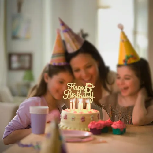 Miniatura 8 de Gyufise 1 unidad Decoración de pastel de feliz 5 cumpleaños con purpurina, adorno de pastel de feliz 5 cumpleaños, felicitaciones a los 5 años