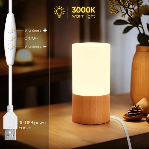 Miniatura 4 de LONRISWAY Lámpara de mesa de madera LED pequeña, luz de noche de noche para dormitorio, iluminación LED regulable, decoración creativa